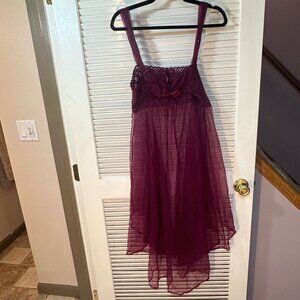 Burgundy Mesh & Lace Babydoll Nightgown – Size XL – Sheer & Flowy
